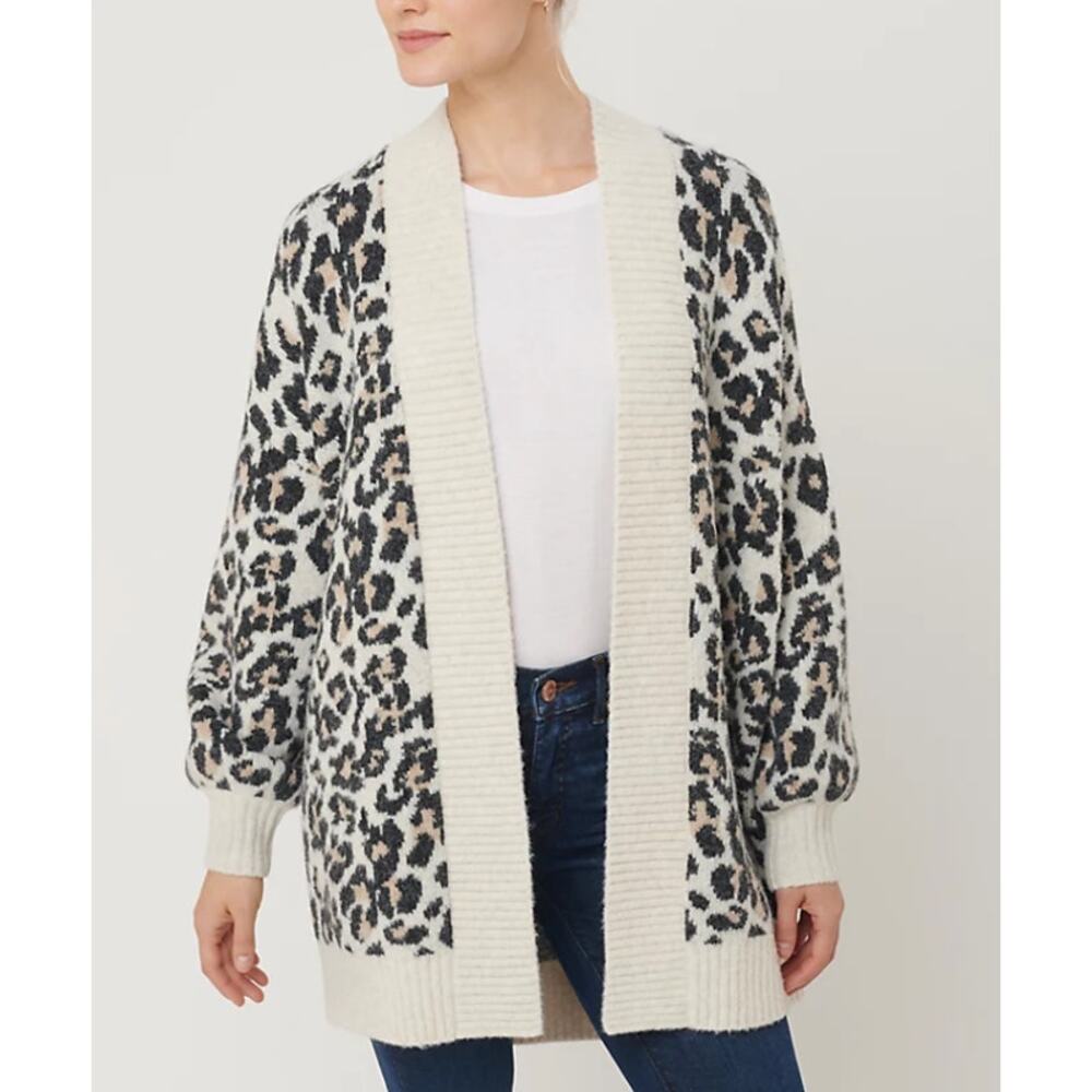 LOFT Leopard‎ Print Cardigan Sweater S Cream Open Front Cozy Knit Preppy Chunky